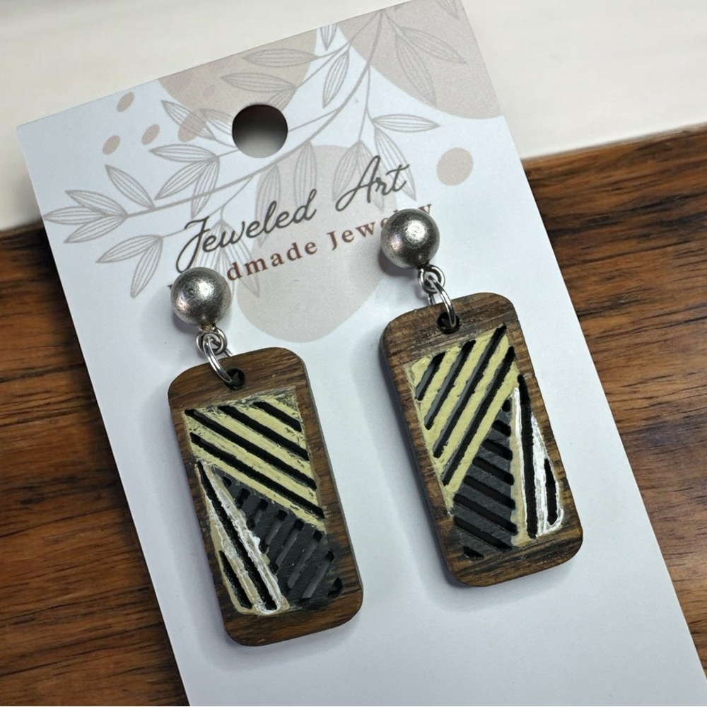 Jeweled Art Modern Geometric Hand Painted Wood Earrings NEW
